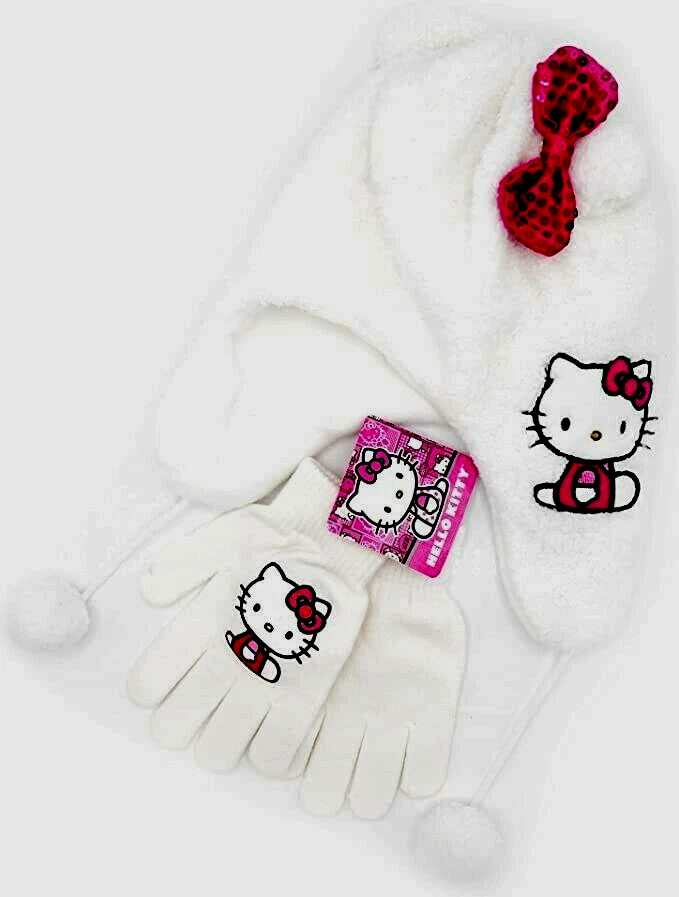 Conjunto de sombrero y guantes de invierno de felpa para niñas pequeñas Hello Kitty, gorro cálido con lazo Foto 4 de 4