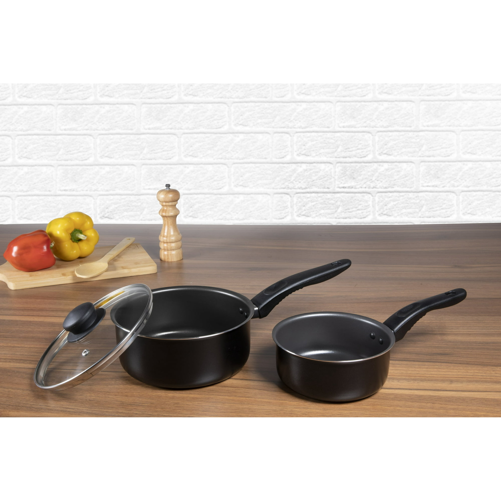 3 Piece NonStick Sauce Pans, Black, 1Qt&2Qt Sauce Pan with Single Lid