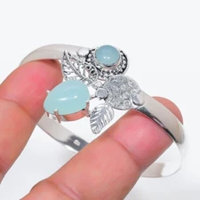 Aqua Chalcedony Gemstone 925 Sterling Silver Jewelry Adjustable Cuff Bracelet