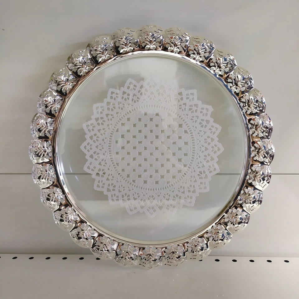 Vassoio Piatto Torta Argento E Vetro Con Pizzo  - Immagine 4 di 4