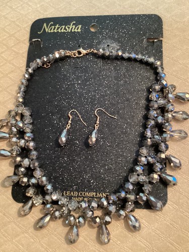 New Natasha Couture Gunmetal Gray Faceted Beaded Necklace with Earrings Set NWT! - Picture 7 of 8