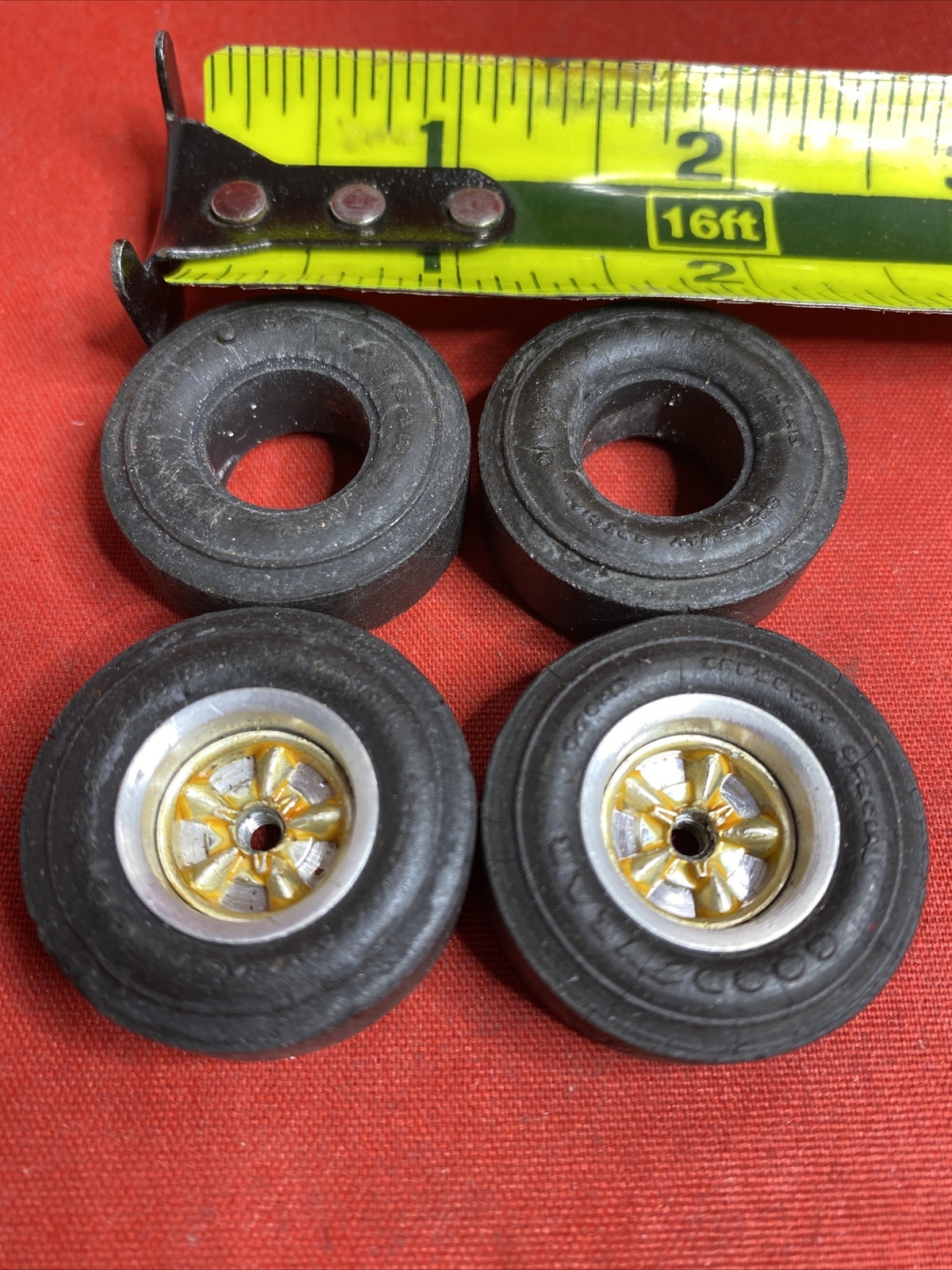 VINTAGE CRAGAR STYLE ALUMINUM SLOT CAR WHEELS AND GOODYEAR TIRES