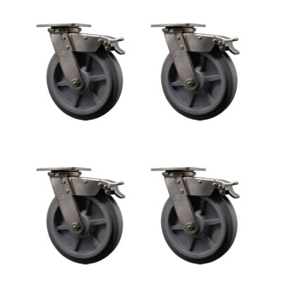 8 Inch 316SS Thermo Rubber Flat Tread Swivel Caster Set w/Ball Bearings & Brakes