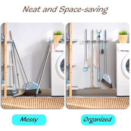 White Mop Broom Holder Wall Mount With 4 Slots & 4 Hooks Wood Broom Mop Hanger F - Picture 3 of 7