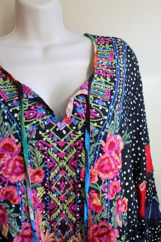 Caleooa Womens 1X Plus Dotted Embroidered Folk Bodice 3/4 Puff Sleeve Rayon Boho - Picture 5 of 7