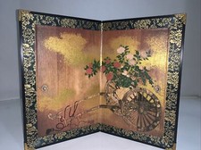 Japanese Flower Cart Painting Folding Screen 2-panel Gold Fabric Trim 10.5x8.5&rdquo;