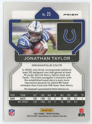 2021 Panini Prizm Jonathan Taylor SILVER PRIZM AUTO #25 COLTS - Photo 2 sur 2