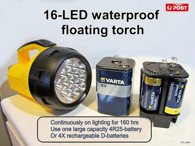Powerful 16 Led Torch Waterproof Use 6V 4R25 or D Battery Continue light 160hr