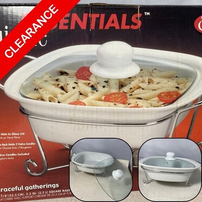 NEW 2.3 Qt Ceramic Bakeware Set + Glass Lid, Chrome Rack Baking Dish + Stand