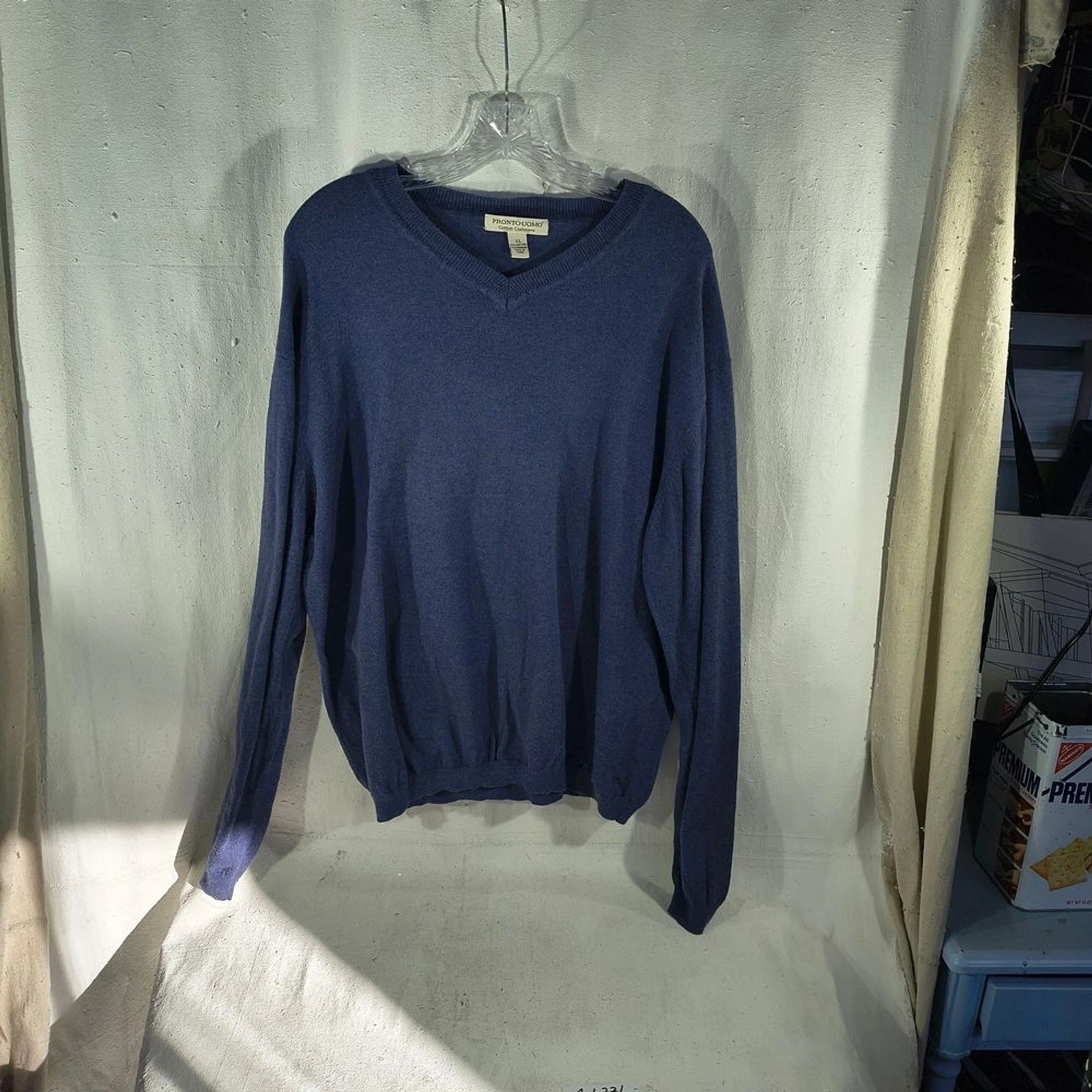 Men's Size XL Pronto Uomo Classic Navy Cotton Cashmere V-Neck Sweater