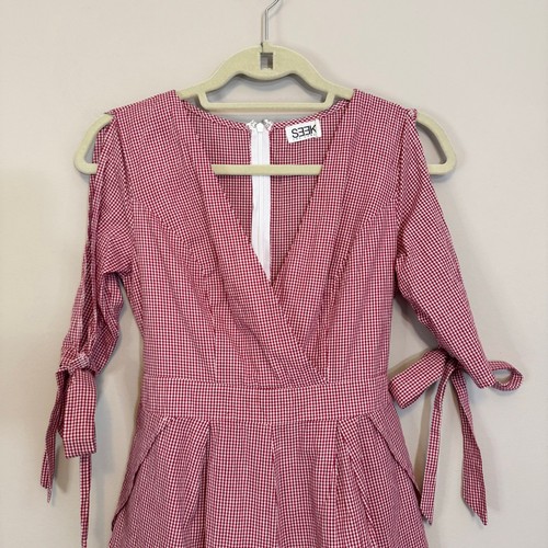 SEEK The Label Romper Womens M Red Gingham Wrap Slit Sleeve Beach Cottagecore - Picture 6 of 9