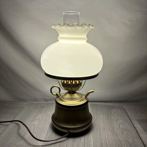 Vintage "Oil Can" Style Brass Hurricane Parlor Table Lamp | Milk Glass Shade