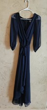 DKNY Faux Wrap Belted Maxi Dress Sz 6 Midnight Blue Balloon Sleeve Cocktail NWT