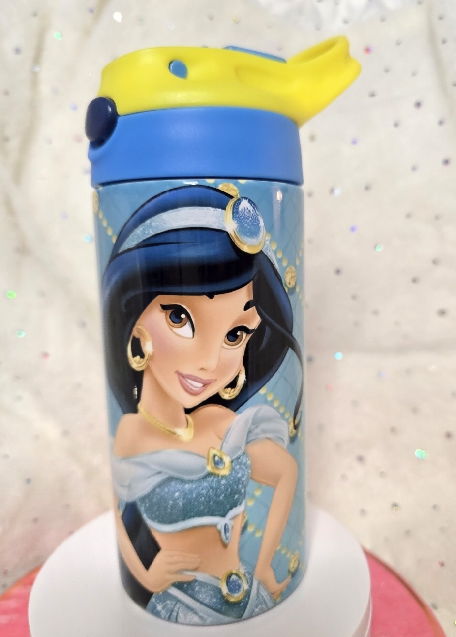 Disney Jasmine Princess Kids Water Bottle Blue Yellow Plastic Decorated