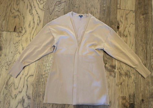 Express Beige Tan Cardigan Sweater MEDIUM Open Front Rib-Knit Trim
