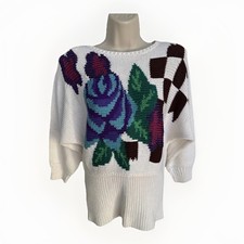 Jimmy Garcia RARE 80s-90s Dolman Ivory Floral 3/4 Sleeve Sweater Cottagecore L