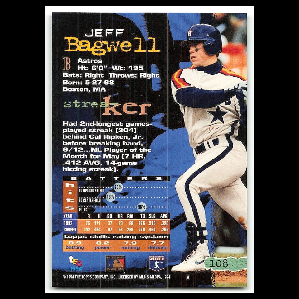 Jeff Bagwell #108 1994 Topps Stadium Club Houston Astros Baseball Card MLB NM - Image 2 of 3