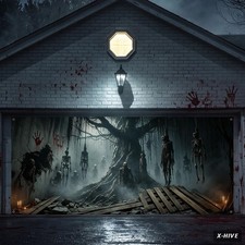 7 X 16 Ft Halloween Garage Door Banner Large Scary Hanging Skeleton Zombie Blood