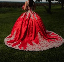Red Satin Ball V-Neck Sleeveless Lace Embroidery Quince dress READ DESCRIPTION 