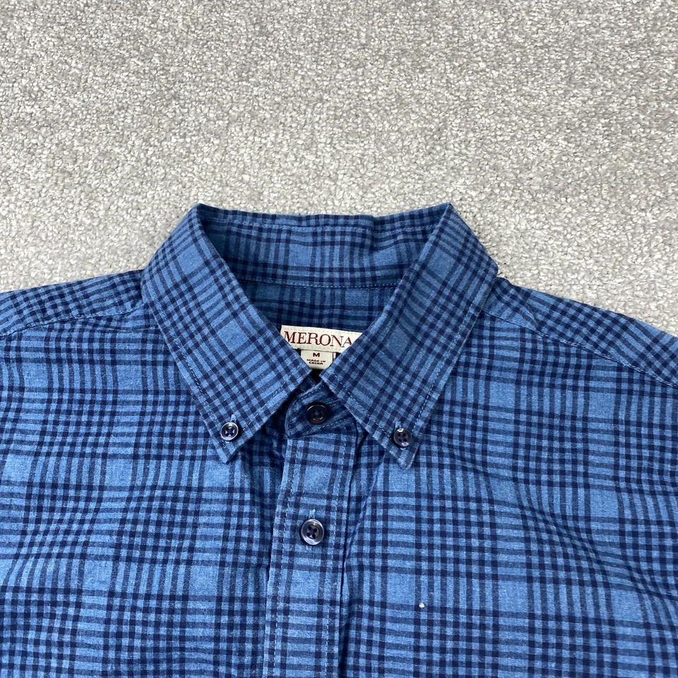 Camisa con botones Merona para hombre mediana azul negra a cuadros manga larga algodón Foto 2 de 4