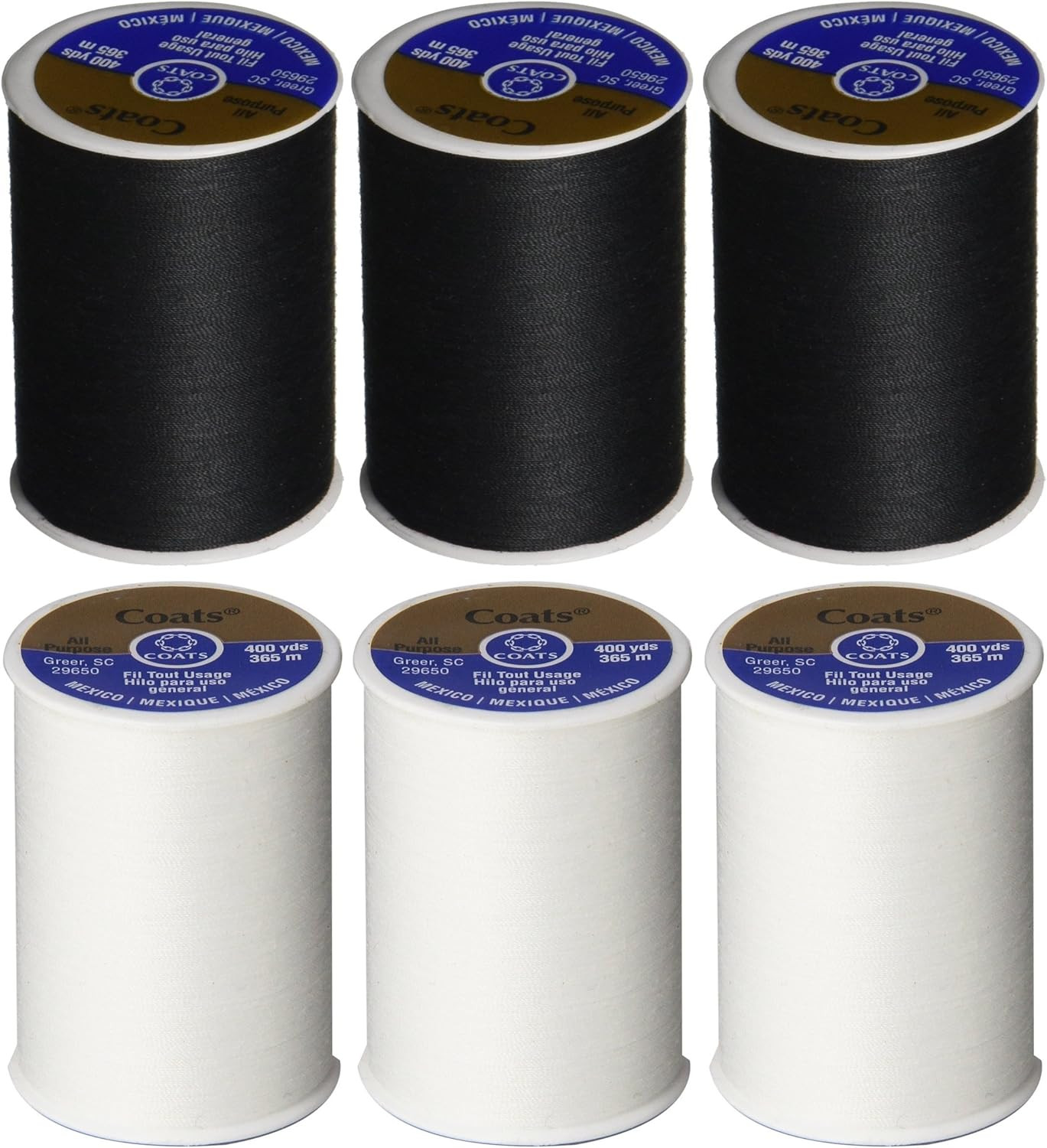 6 Pack Bundle - (3 Black + 3 White) - Coats & Clark Dual Duty All-Purpose Thread