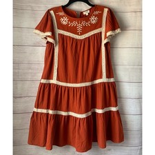 ODDY Boho Rust Dress Cream Embroidered Flowers and Lace Flutter Sleeves Size L