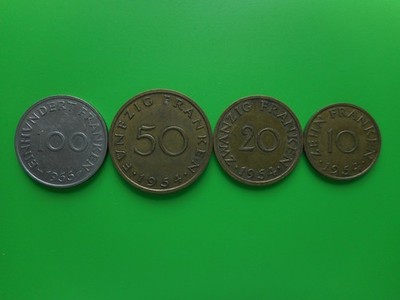 Saarland 10,20,50,100 Franken 1954-1955 (Lot of 4 Coins) (KM# 1 - KM# 4) 