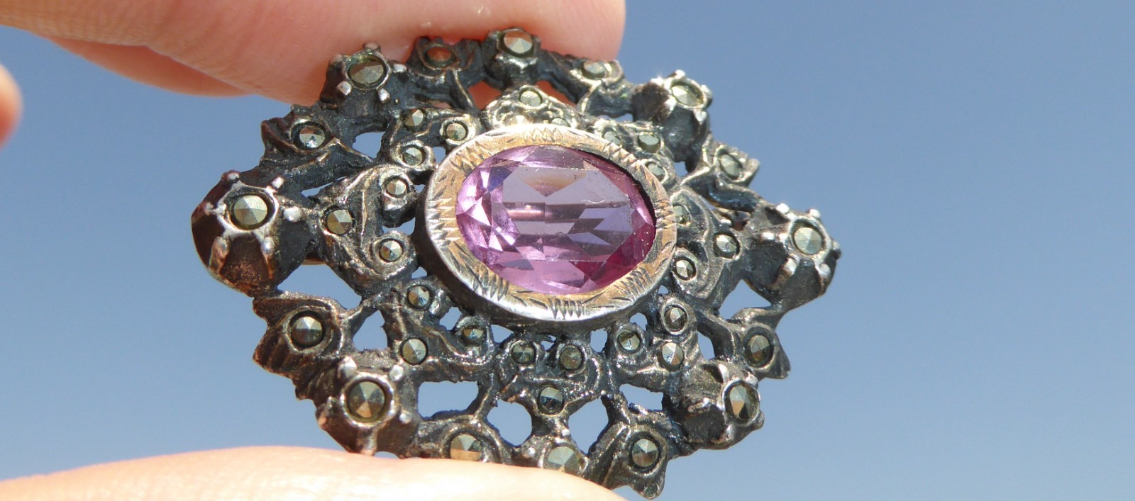 Gorgeous Vintage Sterling Silver Stamped Marcasite Oval Pink Crystal Brooch