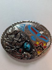 Vintage Belt Buckle - Silver - red  Blue Turquoise- SSI vintage 4" x 3"