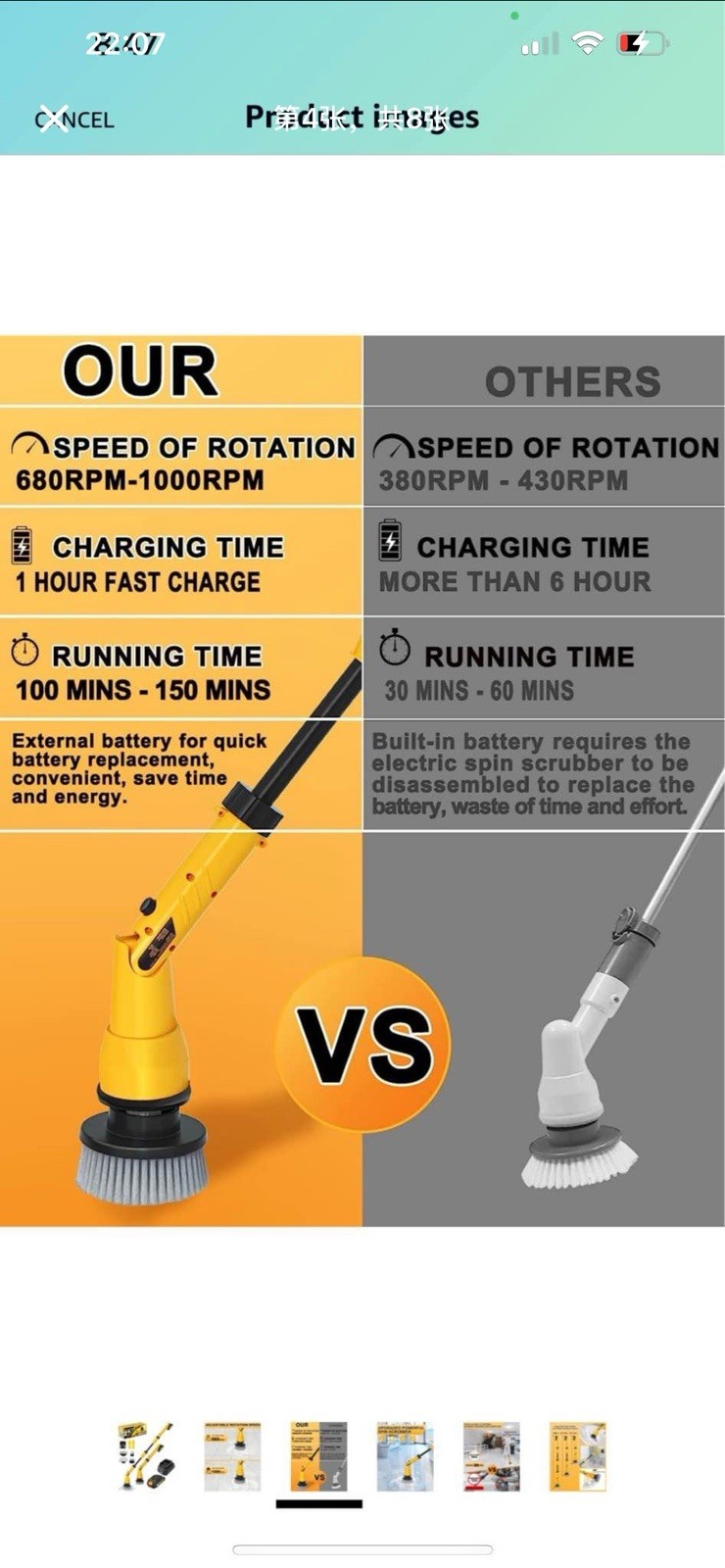 1000RPM Electric Spin Scrubber 20V Cordless Cleaning Brush with Adjustable Arm