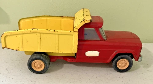 Vintage 1960's Tonka Jeep Dump Truck Pressed Steel Red Cab Yellow Bed No 1060