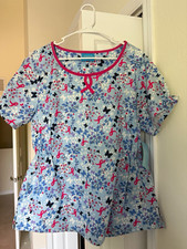 The Scrub Co. Women s M Medical Scrub Top Floral Blue/Pink Cotton-Polyester