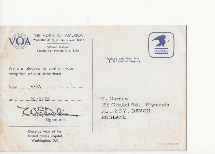 1974  Broadcast radio station   VOA  Washington D.C.   QSL radio postcard