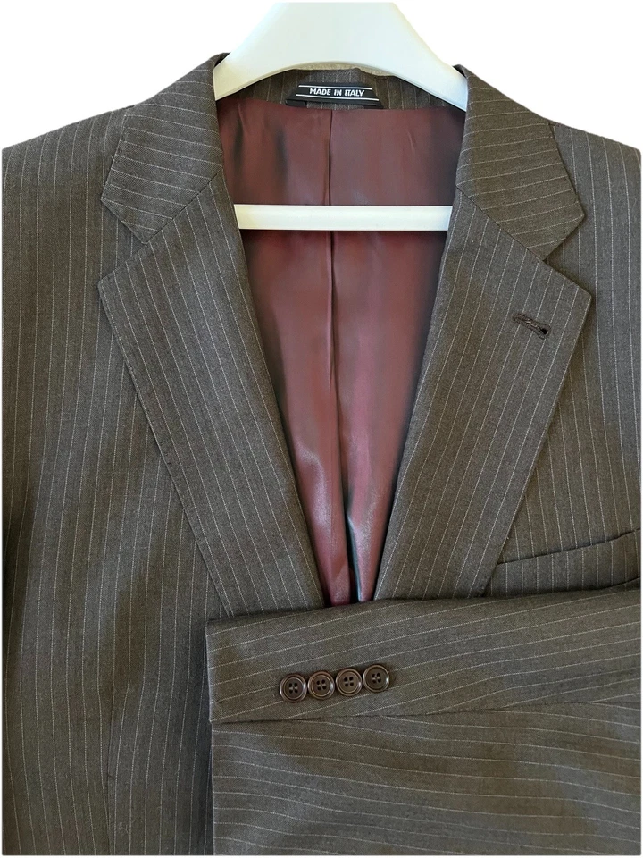 Gianni Orvietto 48R 44x27 Brown Stripe Italy Made Wool Mens Jacket Pants Suit - Image 2 of 4
