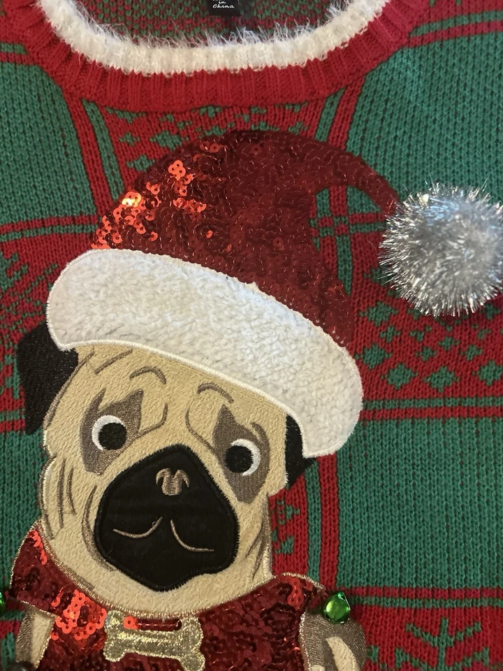 33 Degrees Ugly PUG Christmas Sweater Small Red Green Sequin Accent Jingle Bell - Image 3 of 4