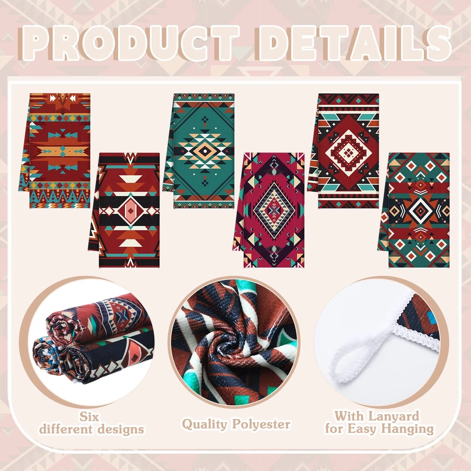 Redbaker 6 Pcs Southwestern Kitchen Towels Boho Aztec Theme Dish Towel Native - Image 3 of 4