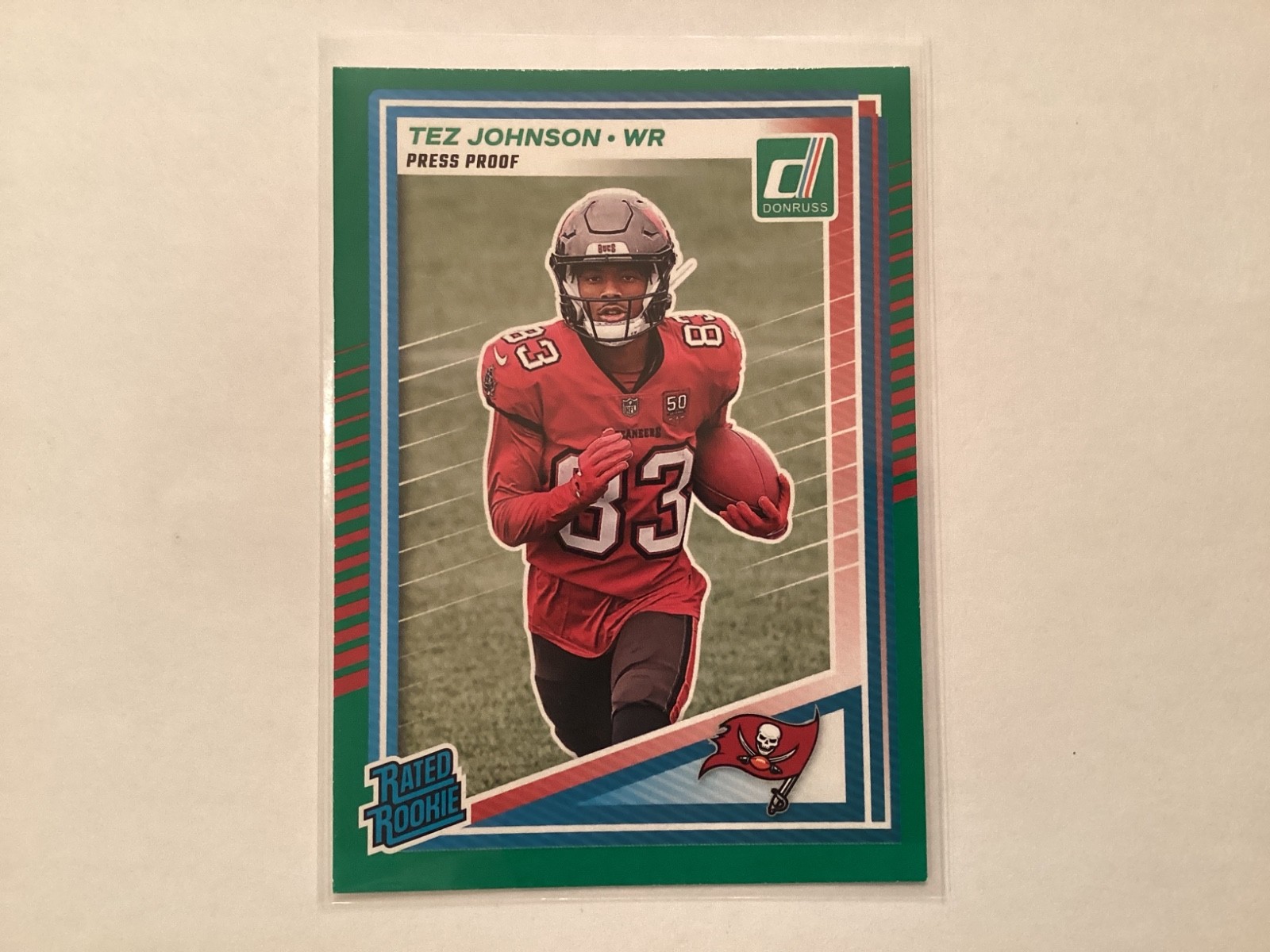 Tez Johnson 2025 Panini Donruss Press Proof Green Rated Rookie Card # 313 Bucs