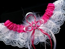Wedding Garter Fuchsia Pink White Lace Satin Prom Dancer Bridal Flower Toss