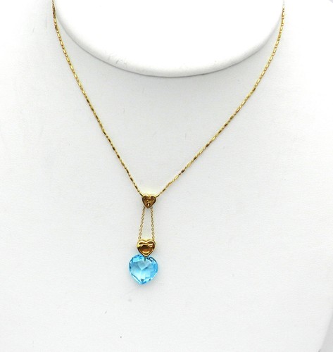 COLLANA ITALIANA CUORE TOPAZIO BLU ORO GIALLO 10K FATTA A MANO LUNGA 18" PENNINO #J274 - Foto 3 di 4