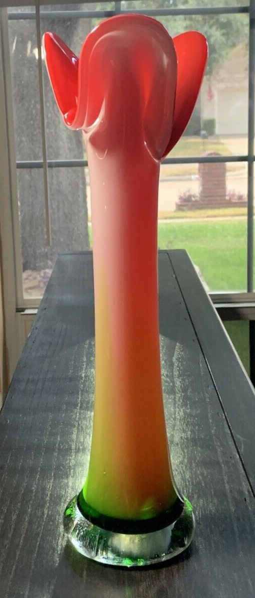 Hand blown cased glass vase 14.5in tall pontil mark calla lily jack in