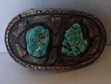 Vtg Navajo Sterling Silver And Turquoise Belt Buckle -UNMARKED-65 GRAMS