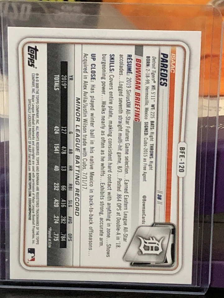 2020 Bowman 1st Edition #BFE-120 Isaac Paredes - Detroit Tigers - Image 2 of 2