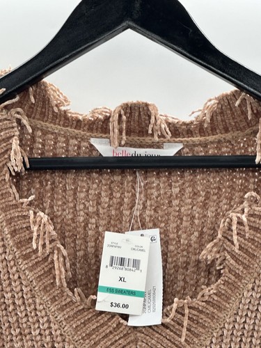 NWT BELLE du Jour Fringed BOHO V Neck Sweater Beige Size XL - Picture 5 of 8