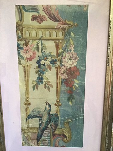 19th C Hand Painted French Wallpaper Remnant with Partial Gold Leaf Frame - Picture 2 of 14