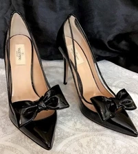 Valentino Pump Black Patent With Pvc Bow On Pointed Toe NWT $895 Size 40 1/2