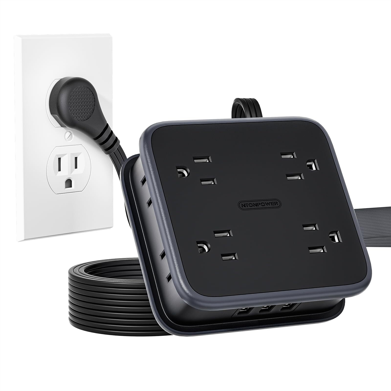 Flat Extension Cord Power Strip with 8 Widely Outlets 3 USB Ports 6FT Flat Pl...-image