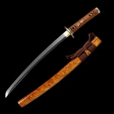 Polished 30'' Wakizashi Sword Real Hamon Clay Tempered L6 Steel Full Tang Sharp