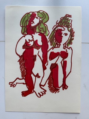 Vintage Abstract Outsider Art Colorful Two Women Study Postmodern 12x9 LGBT INT