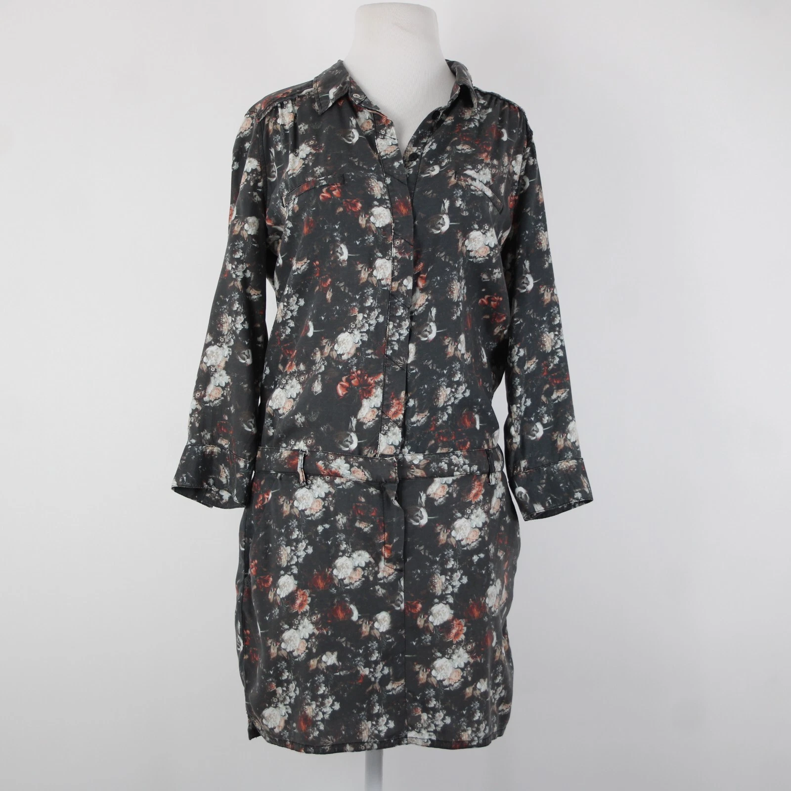 VETEMENTS Abito Etienne Marcel Tg L Antracite Multicolore Floreale Collo 100% Lyocell