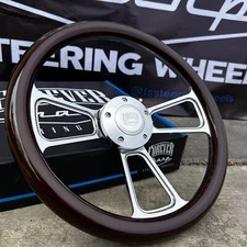 14 Inch Polished Billet Steering Wheel with Dark Mahogany Wood Wrap - FS Horn